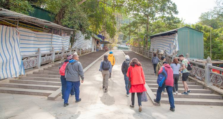 Tourists walking up a broad stone pathway surrounded by tents and greenery.