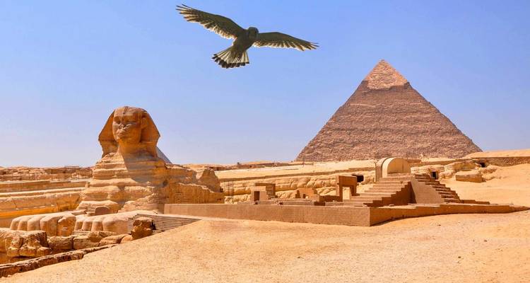 Zicht op de Grote Sfinx en Piramide met vogel in de lucht.