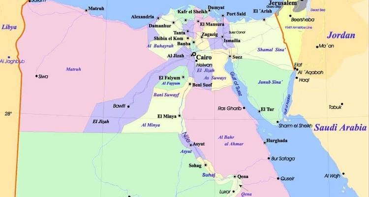 Kaart van Egypte met belangrijke steden en regio's.