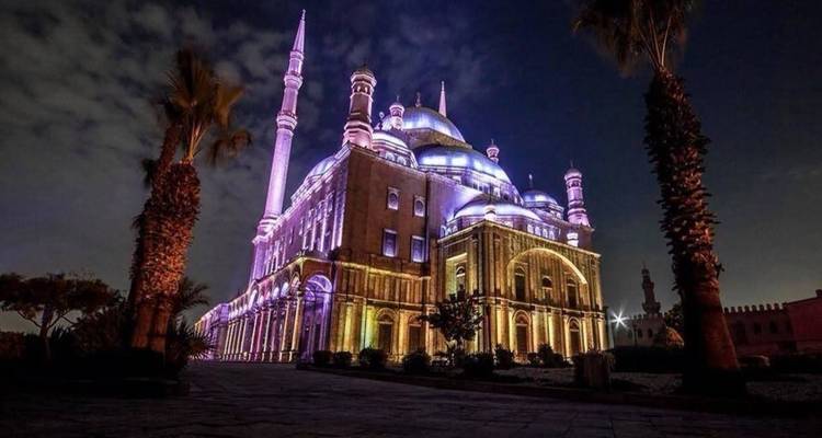 The Mosque of Muhammad Ali illuminated at night