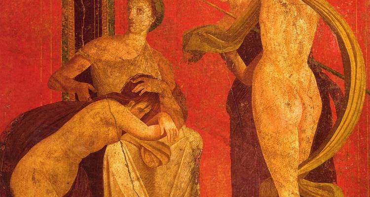 Fresco artwork of a group of people with a red background.