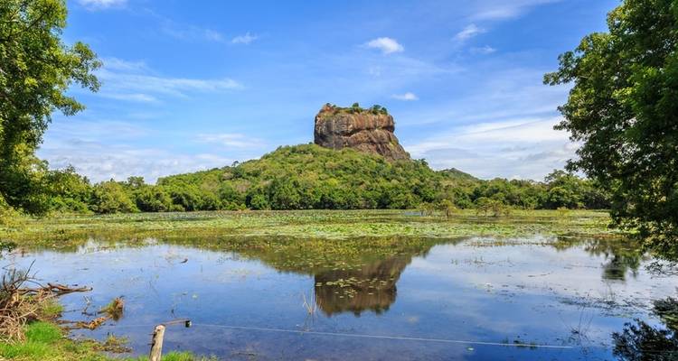 Vue panoramique de la forteresse rocheuse de Sigiriya entourée d'une végétation luxuriante.