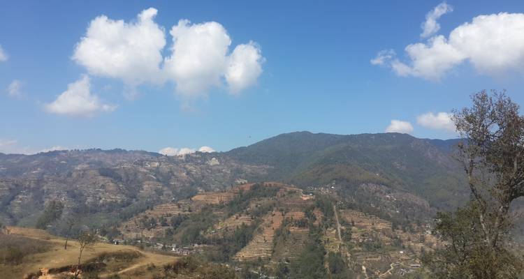 Collines en terrasses avec des nuages épars dans le ciel.