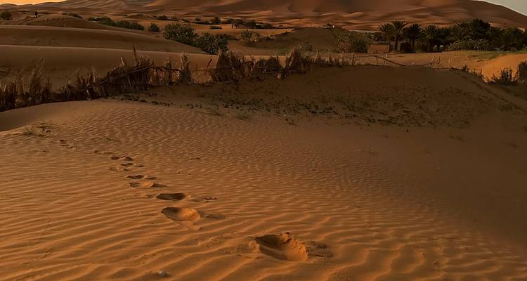 Fußspuren auf Wüstensanddünen unter einer untergehenden Sonne.