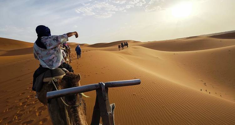 Menschen auf Kamelen durchqueren Sanddünen bei tief stehender Sonne.