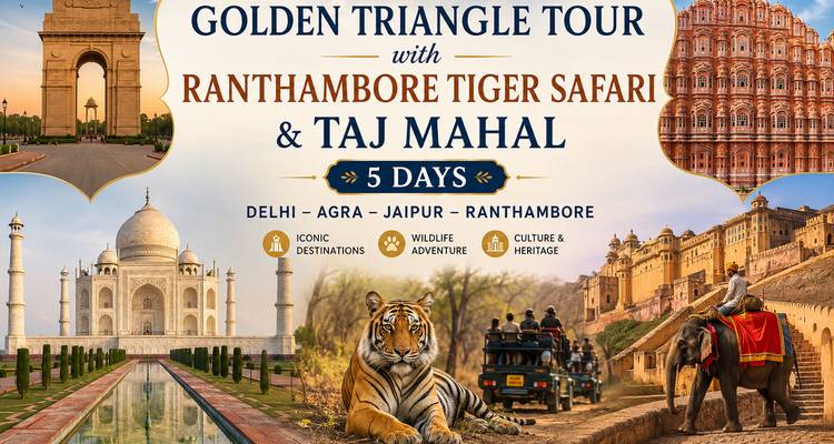 Werbeplakatcollage für eine Golden-Triangle-Tour mit Bildern des India Gate, des Hawa Mahal, des Taj Mahal, eines Tigers und eines Elefanten mit großem Überlagerungstext