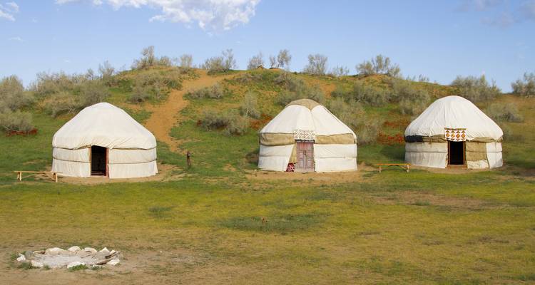 Three yurts on a grassy field with a blue sky.