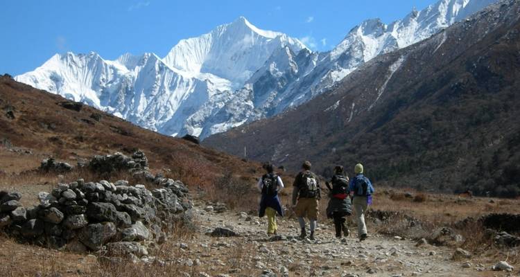 A group of hikers walking towards snowy mountains.