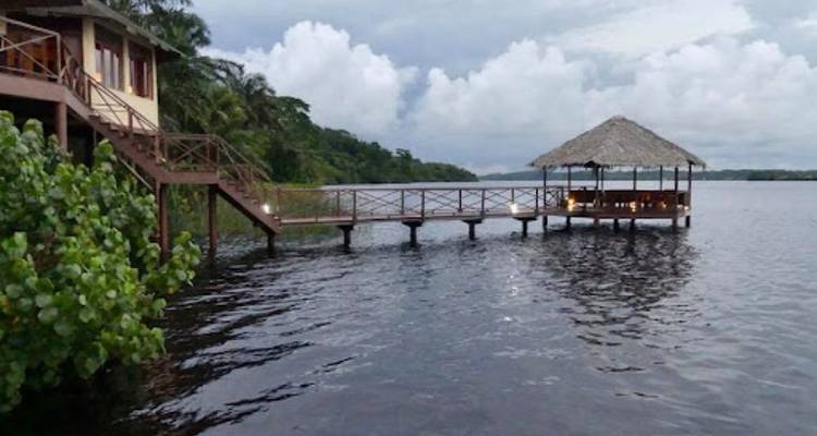 Ecolodge junto al lago con muelle de madera y cenador de paja que se extiende sobre aguas tranquilas rodeado de vegetación selvática bajo cielos nublados.