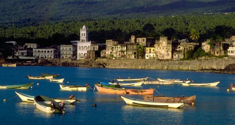 Coloridas barcas de pesca flotando en agua azul tranquila con un exuberante pueblo tropical y una torre de mezquita en la orilla.