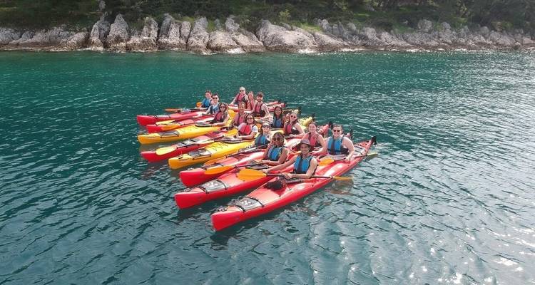 Groupe de personnes en kayak sur une mer calme.