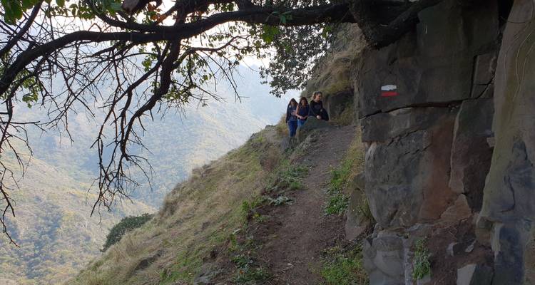 Wanderer auf einem gefährlichen Pfad unter einem schattigen Baum.