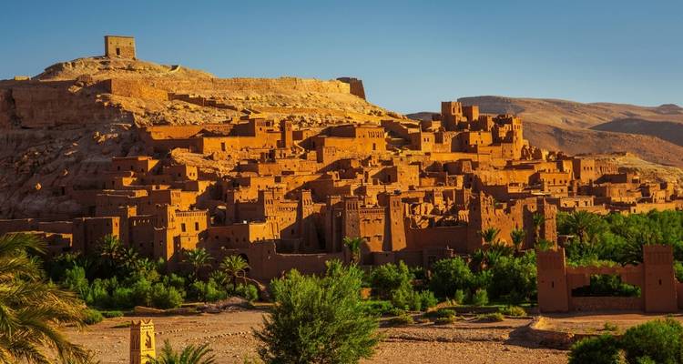 An ancient clay-built town on a hill with palm trees.