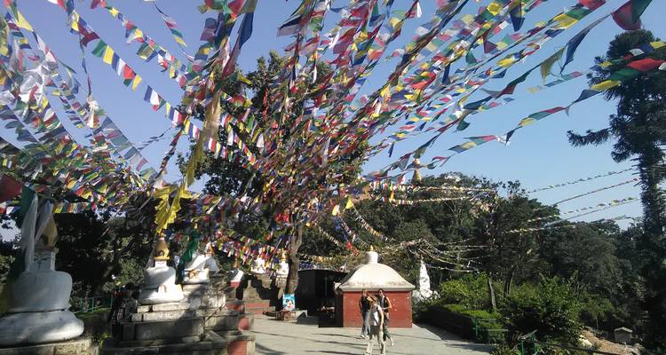 Multiple prayer flags over a sacred site.