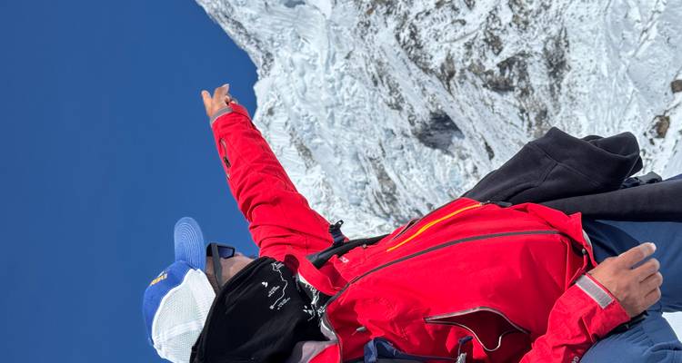 Person pointing towards a snow-covered mountain.
