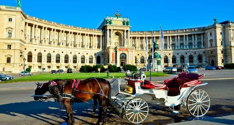 Calèche attendant des passagers devant le palais de la Hofburg à Vienne par une journée ensoleillée.
