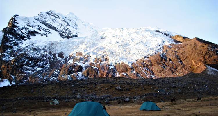 Kampeerterrein met tenten en een besneeuwde berg op de achtergrond.