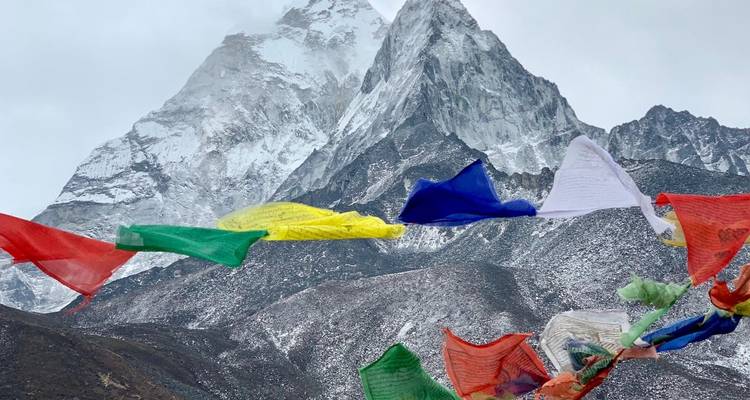 Colorful prayer flags against the backdrop of a snow-capped mountain.