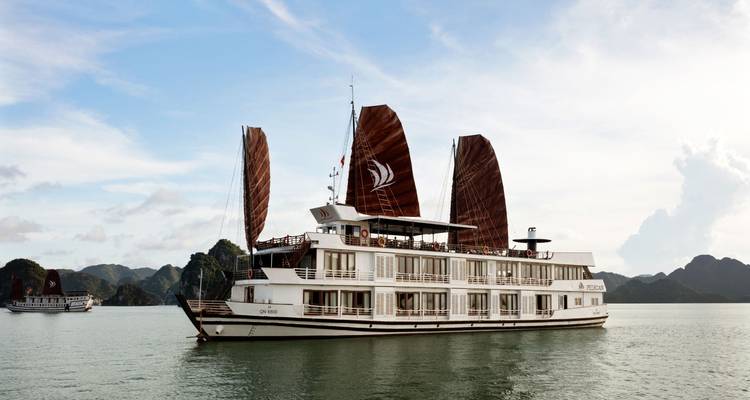Kreuzfahrtschiff mit Segeln in einer Bucht mit Inseln.