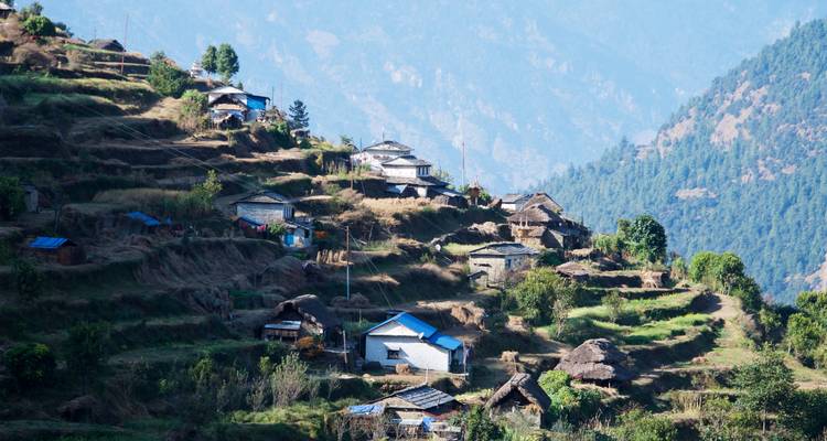Terrassendorf an einem Hang mit blauen Dächern.