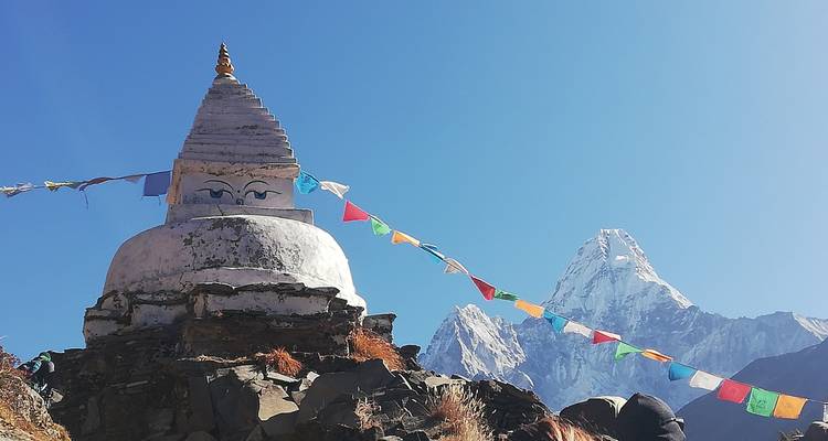 Stupa met kleurrijke gebedsvlaggen en een berg op de achtergrond.