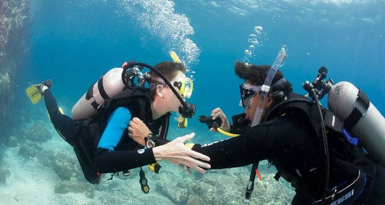 Twee mensen die aan het diepzeeduiken zijn onder water, hand in hand.