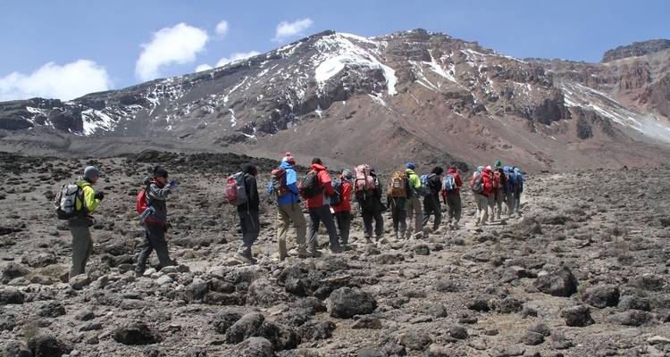 Group of hikers traversing rocky landscape with snowy mountain.