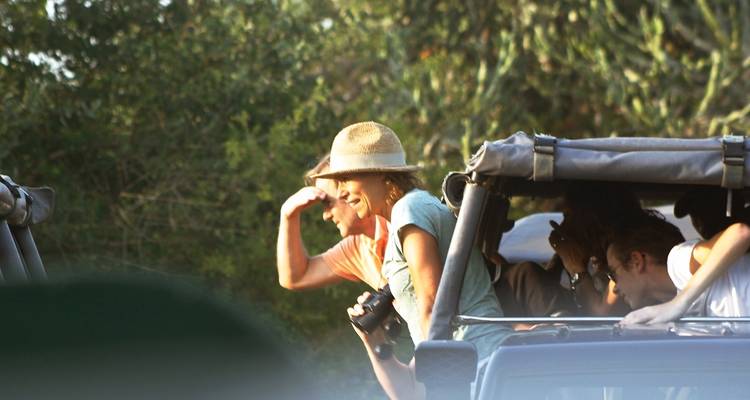 Personas en un safari en jeep con emoción, mirando hacia la distancia.