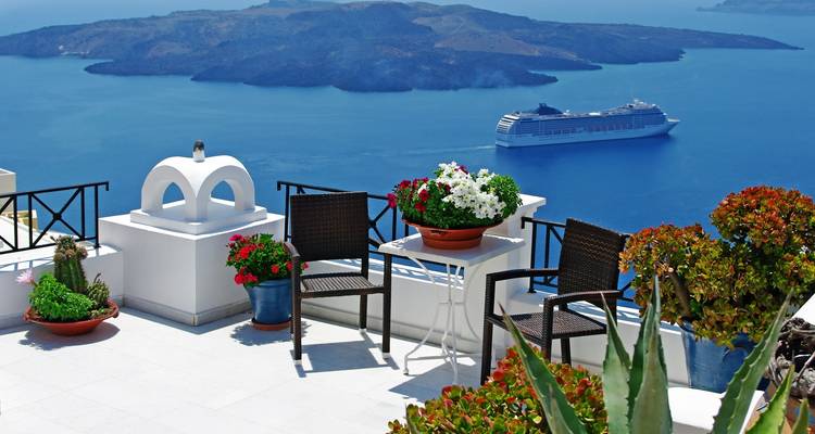 Vista de un crucero en el mar desde una terraza con flores.