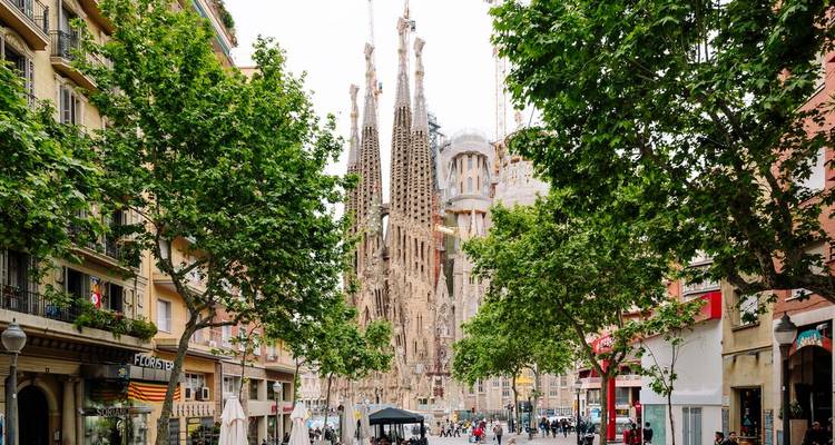 La icónica basílica de la Sagrada Família se alza sobre una avenida arbolada en Barcelona bajo un cielo nublado.