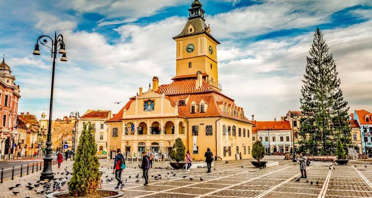 Kleurrijk hoofdplein van Brașov met het Raadhuis and duiven onder een blauwe hemel.