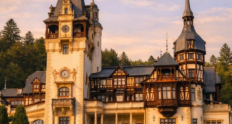 Fairy-tale Peles Castle with ornate towers set against forested hills at dawn.