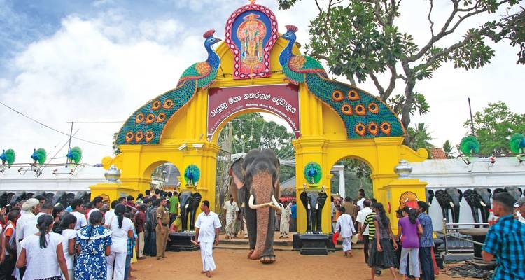 Ein bunter Tempeleingang mit einem Elefanten und einer Menschenmenge.