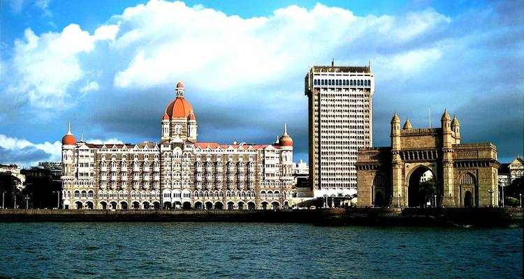 Mumbai's Taj Mahal Palace Hotel and Gateway of India from the sea.