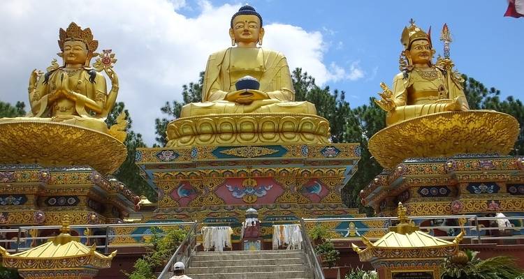 Golden statues of deities at a monastery in Kathmandu.