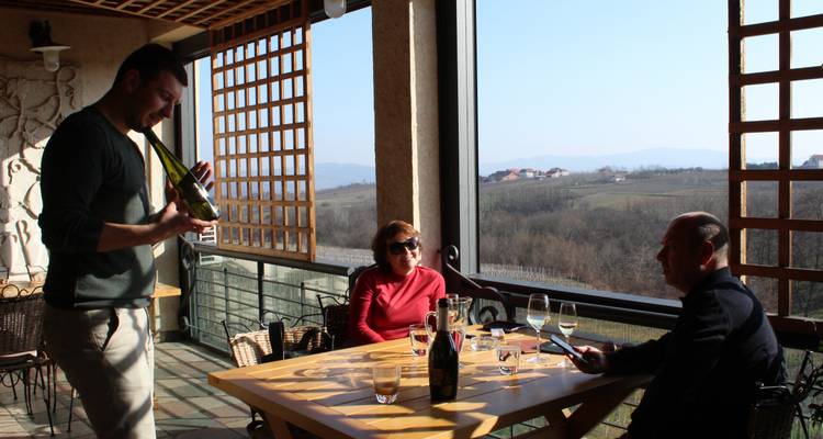Des gens qui dégustent du vin sur une terrasse avec vue sur le vignoble.