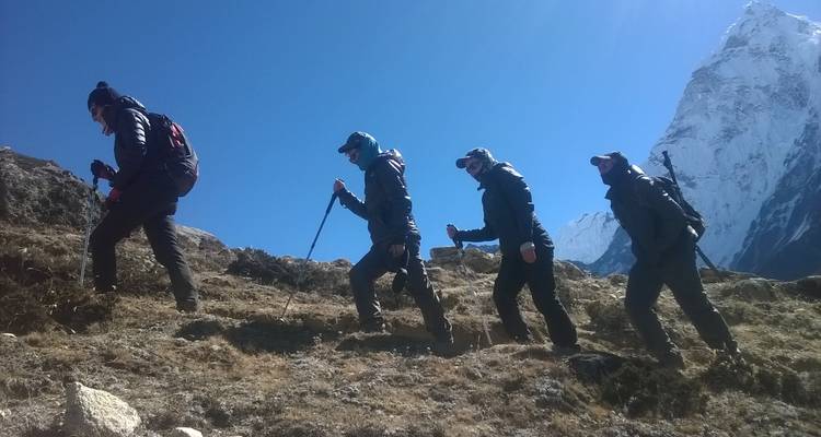 A group of people hiking up a hill with snowy mountains.