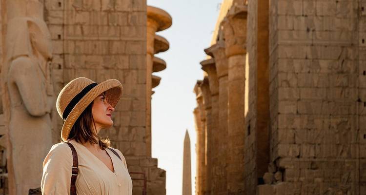 Woman looking at ancient Egyptian ruins with statues.