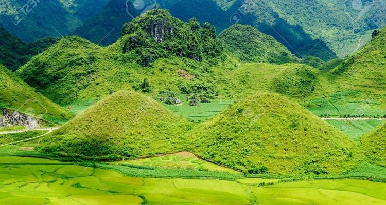 Vue aérienne de deux collines vertes symétriques connues sous le nom de Montagnes Jumelles de Quan Ba s'élevant au-dessus de champs en damier.