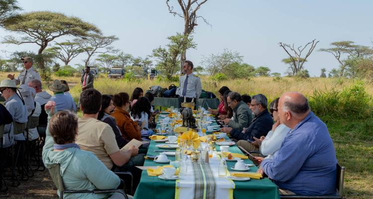 Outdoor lange-tafel ontbijt in de Serengeti savanne met safariauto's op de achtergrond