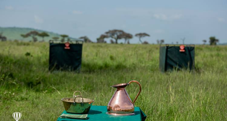 Groene weide ingericht met koperen kruik en bekken voor safari verfrissingen met graslanden erachter