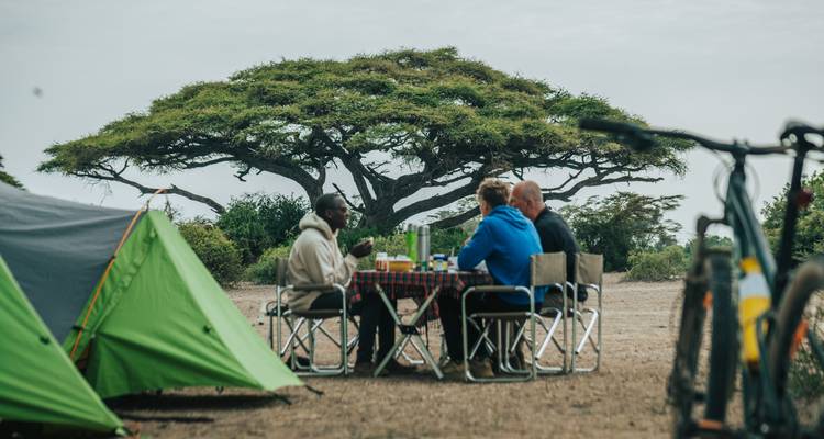 Menschen, die im Freien an einem Tisch speisen, mit einem Zelt und einem Baum in der Nähe.