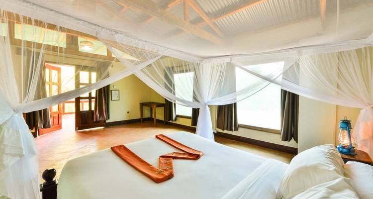 Interieurzicht van een comfortabele accommodatiekamer met een tweepersoonsbed.