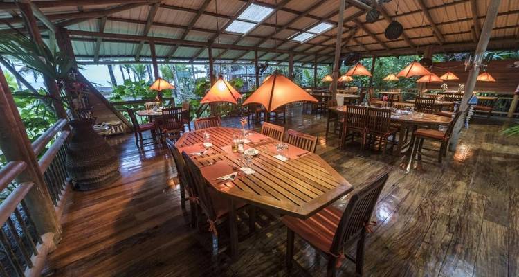 Área de comedor rústica en un entorno tropical