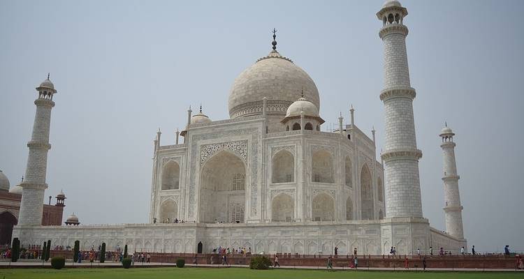 The Taj Mahal against a clear sky.