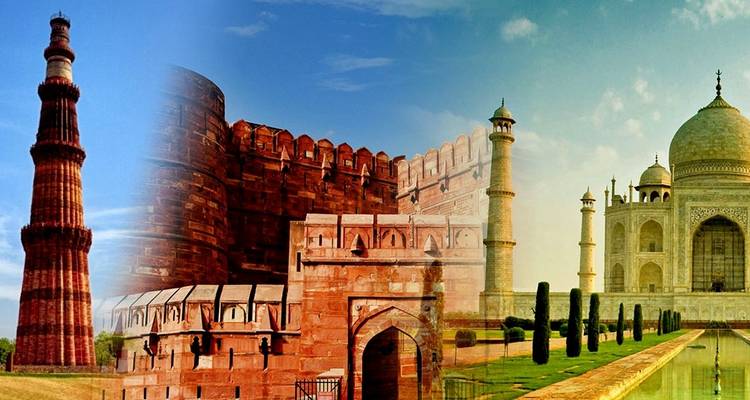 Collage of famous landmarks including Qutub Minar and Taj Mahal.