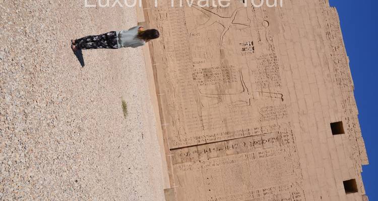 Persona parada frente a una pared grande y antigua con jeroglíficos.