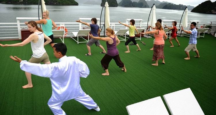 Eine Gruppe, die Tai Chi auf dem Deck eines Kreuzfahrtschiffs mit malerischer Aussicht praktiziert.