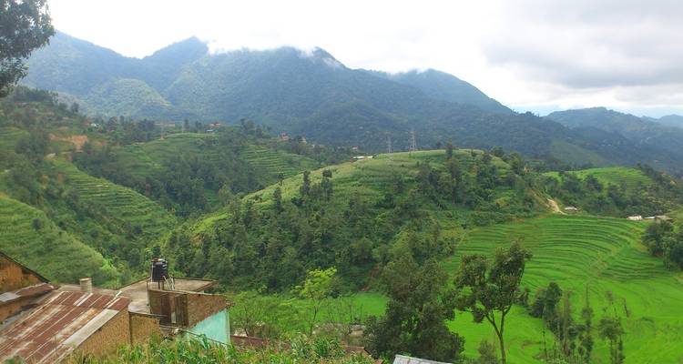 Üppige grüne Hügel mit bewölktem Himmel in ländlicher Umgebung.