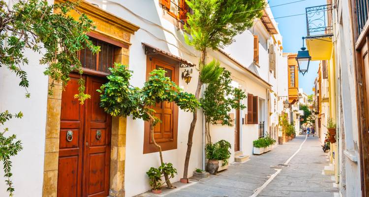 Narrow cobblestone street lined with charming houses.
